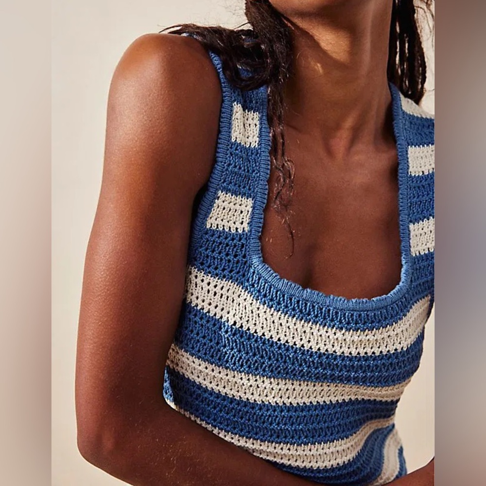 Free People Blue and Cream Striped Crochet Tank Dress - Picture 2 of 12
